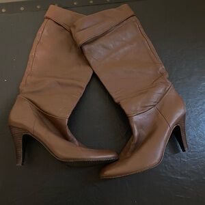 Stylish Brown Fold Cuff High Leather Upper Heeled Women’s Boots, Size 6.5M